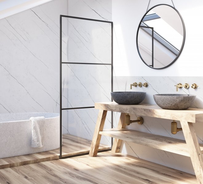 Modern,Bathroom,Interior,With,A,Wooden,Shelf,,Two,Sinks,Standing