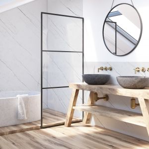 Modern,Bathroom,Interior,With,A,Wooden,Shelf,,Two,Sinks,Standing
