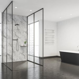Bathroom,Interior,With,A,Black,Bathtub,On,A,Stone,Floor